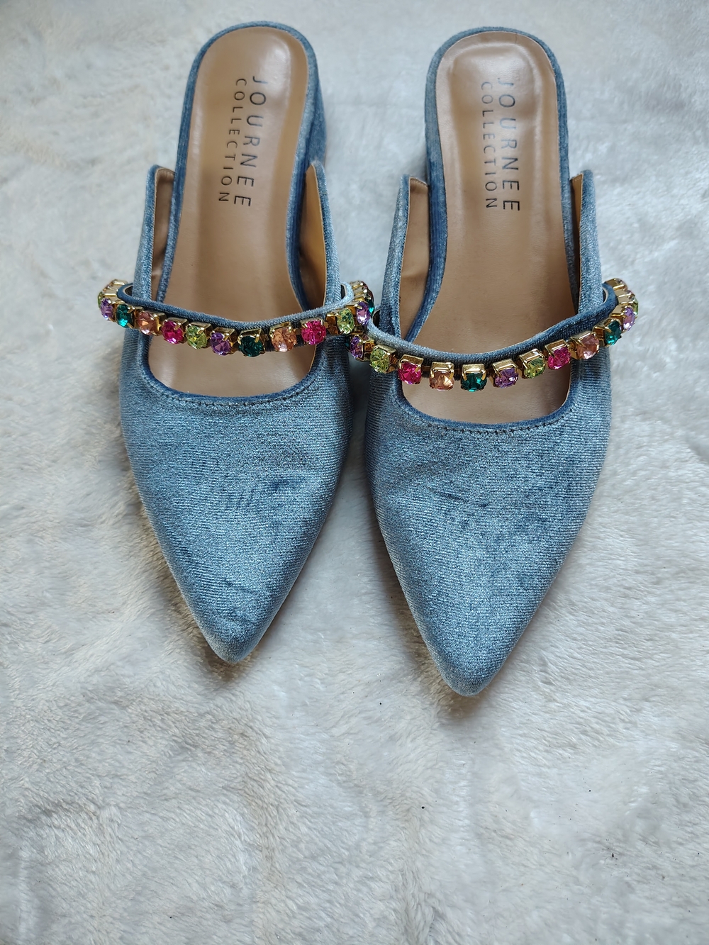 Journee Collection Light Blue Jeweled Strap Pointed Mules